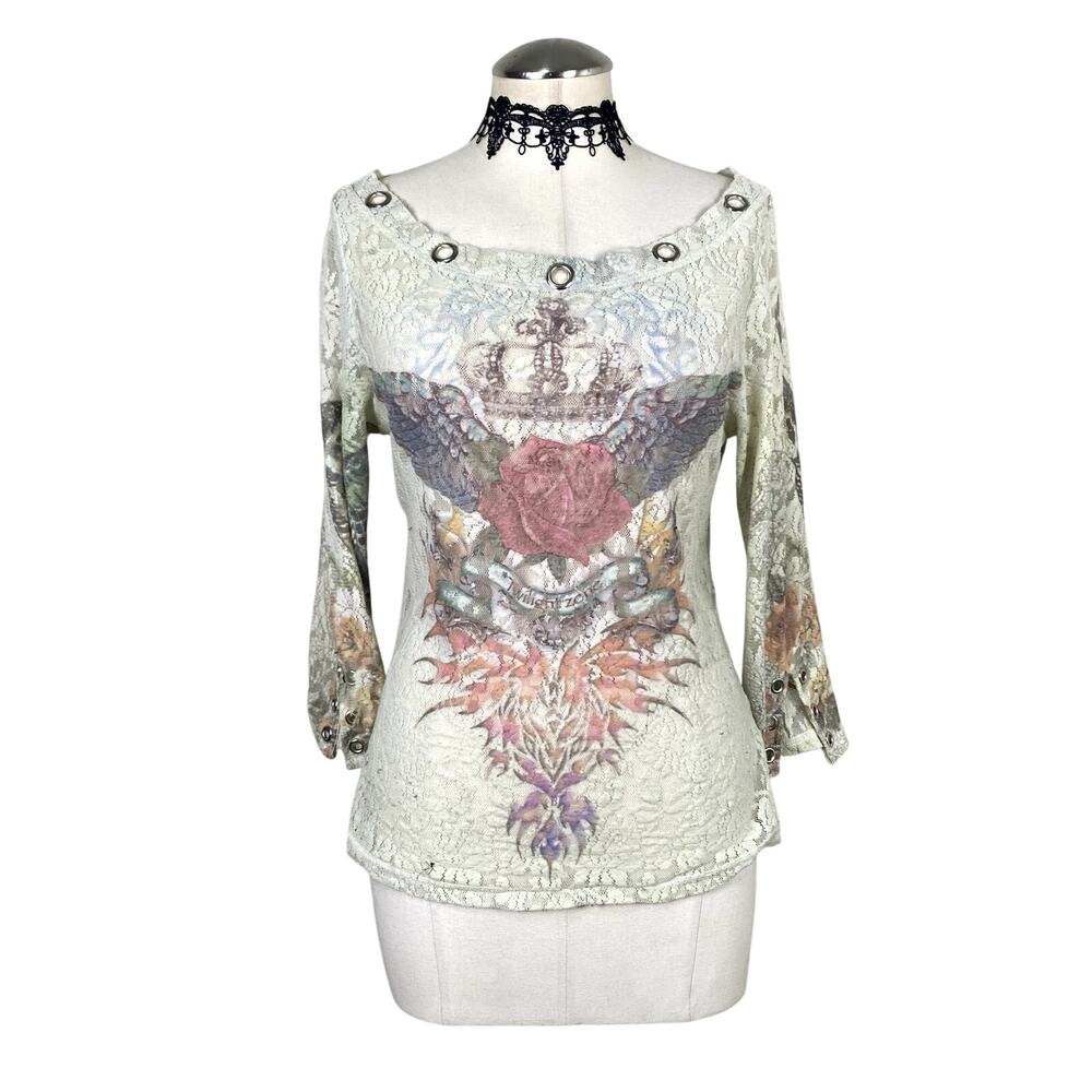 Vtg Y2k 90's M By Amour Sheer Lace AOP Grommet Grunge Whimsigoth 3/4 Sleeve Top